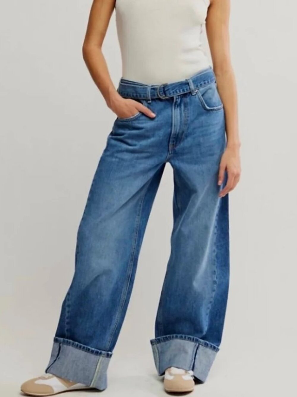 Free People We The Free East Bay Cuffed Jeans Wide Leg Slouchy Size 28 No Belt